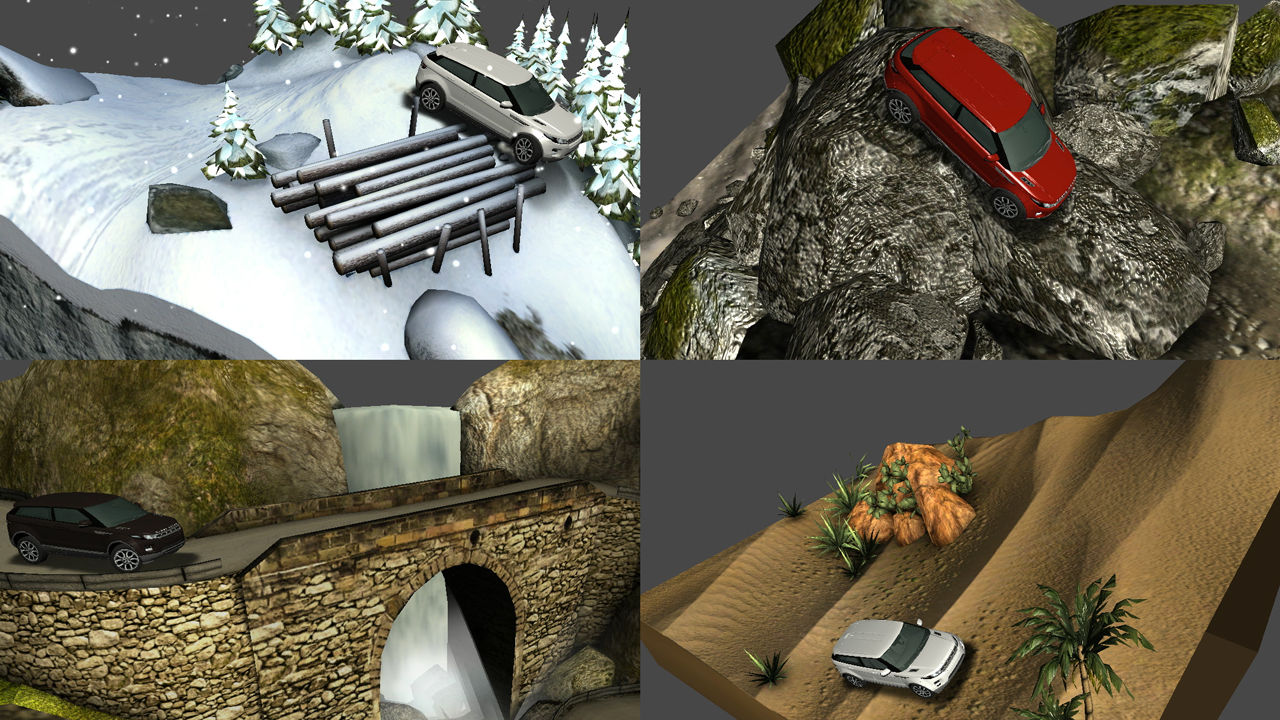 4 images of a 3d car model driving over different 3d environments