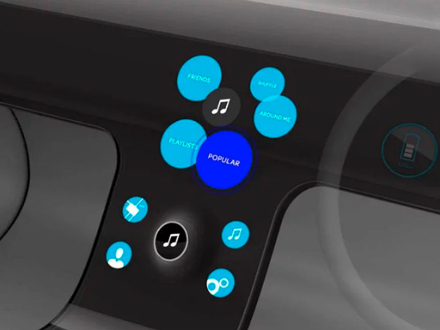 A 3d visualisation of a futuristic car dashboard, with no buttons, everything is a screen