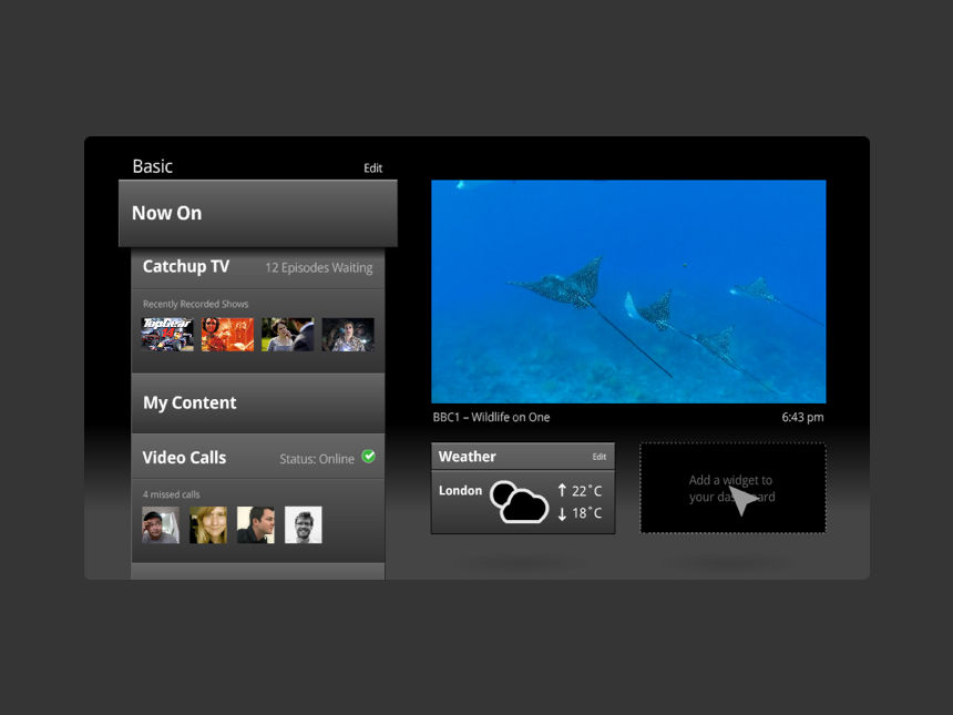 A thumbnail of a smart tv interface, with weather, contacts, live feed areas