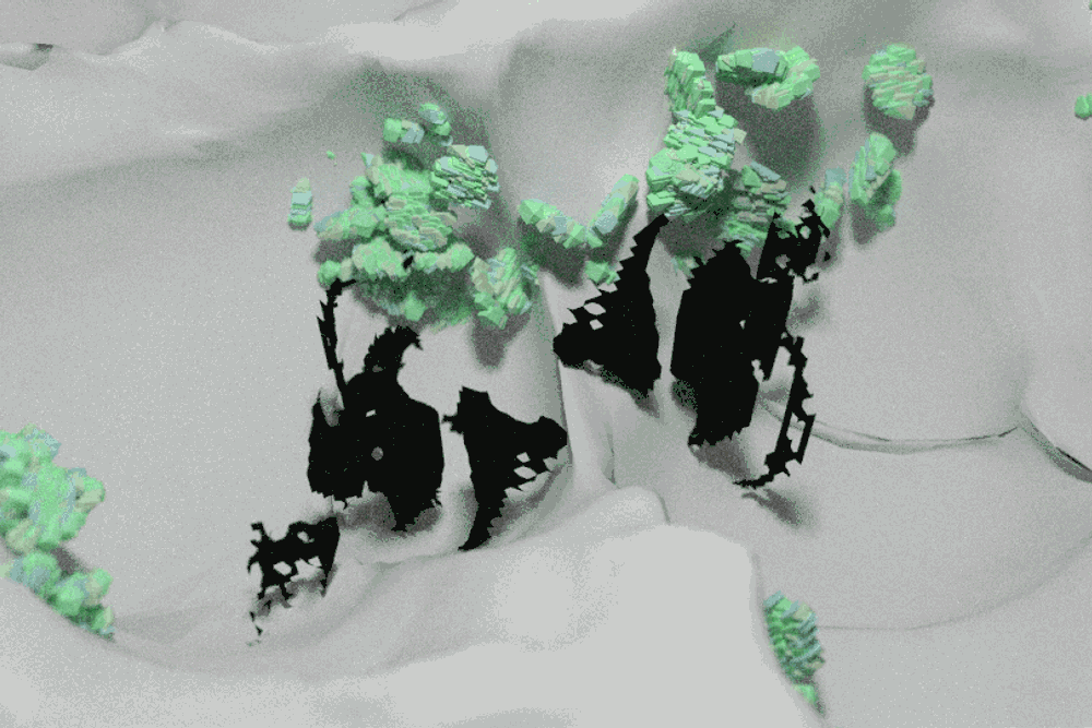 A sequences of 3d visualisations, showing tiny triangles clusted organically on a smooth surface