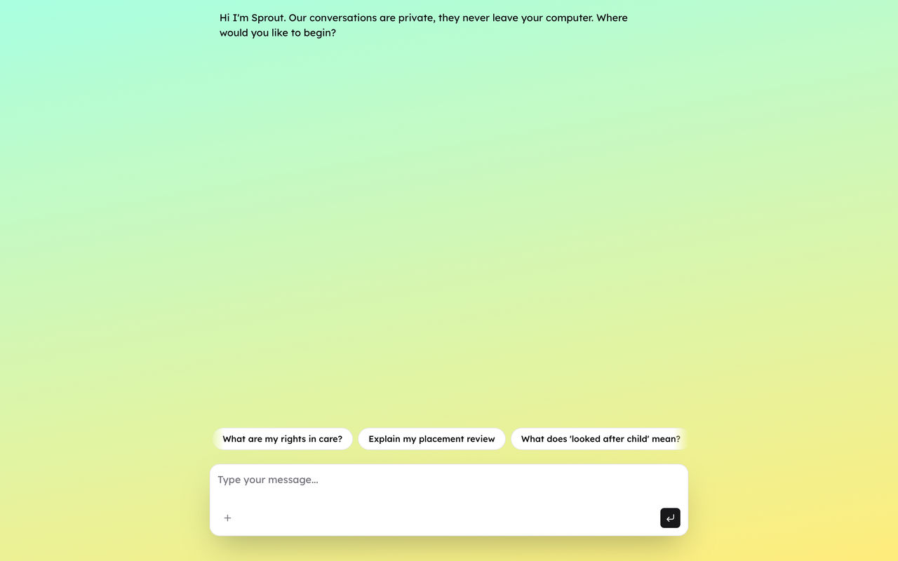 Empty chat UI, welcome text at top, text input at bottom, with suggested starting points as button