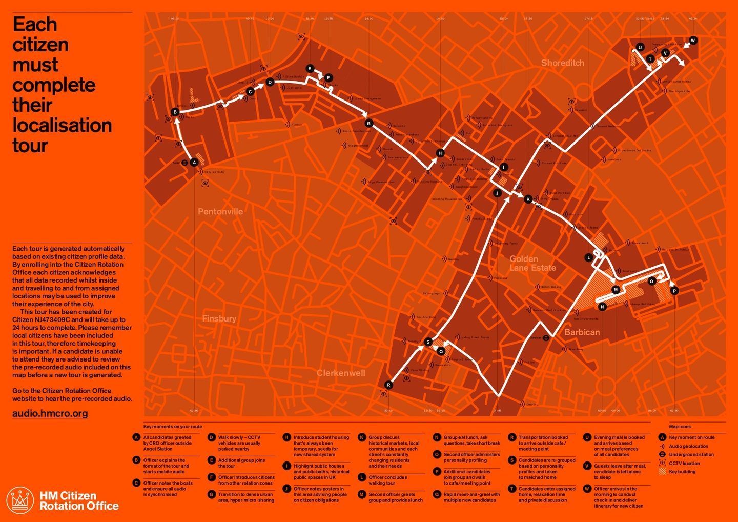 A bright orange map of a walking route through London