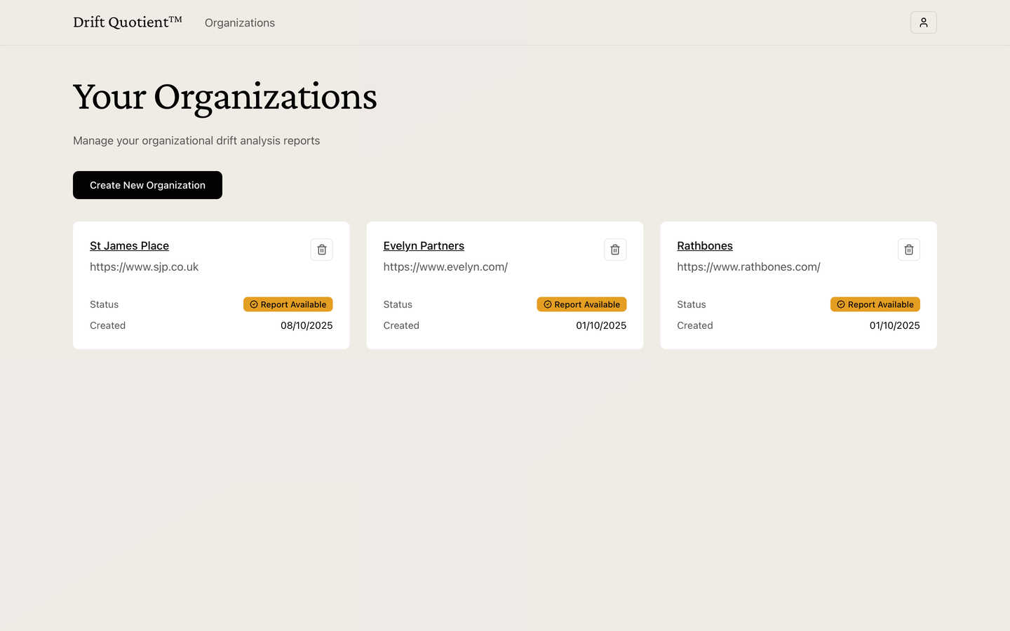 Website dashboard screenshot, a grid of white cards with company names written in, each card links to an analysis report page.