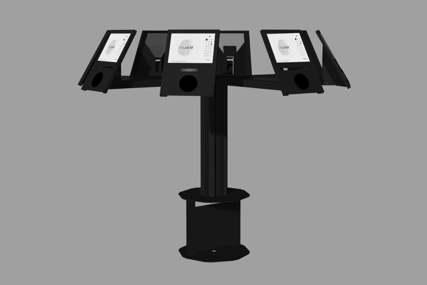 two photographs of a screen, speakers and lights connected together