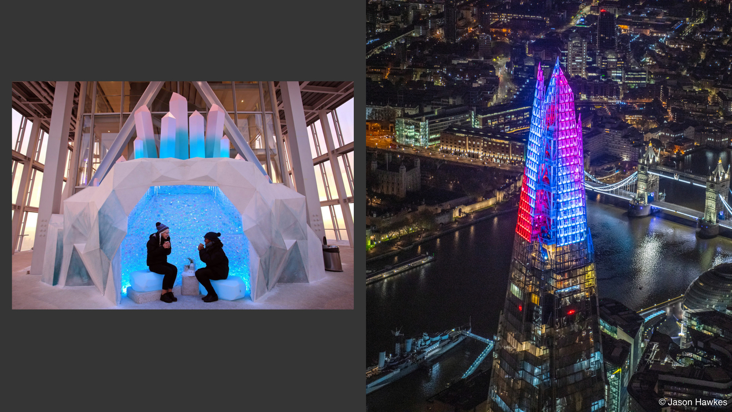 Photograph of a skyscrapper in london at night with colourful lights and a winter cave with two women sitting