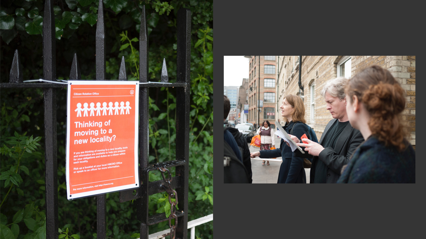 Photo of a bright red sign tied to a fence saying thinking of moving to a new locality