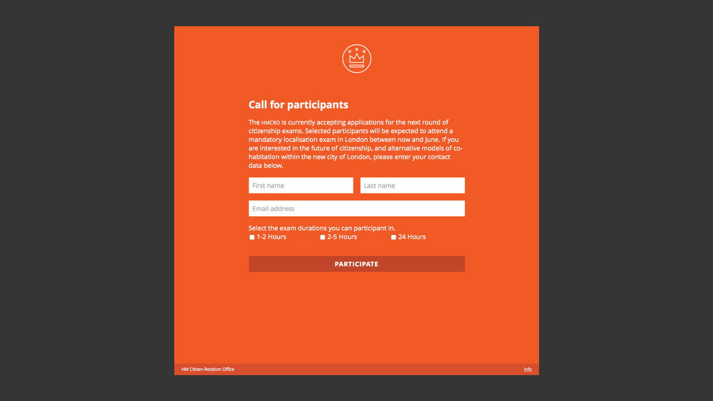 screenshot of a website with a signup form for fictional citizenship exams