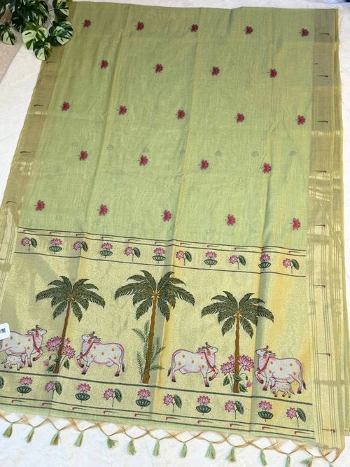 Pistachio Pichwai Lotus Cow Jamdani Cotton Paithani Fusion Saree