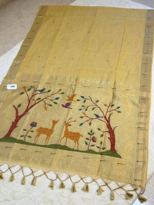 Butter Yellow Deer Garden Jamdani Cotton Paithani Fusion Saree