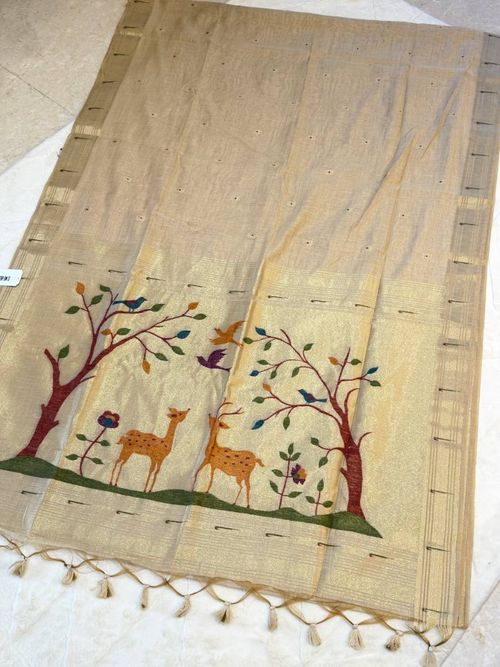 Sand Deer Garden Jamdani Cotton Paithani Fusion Saree