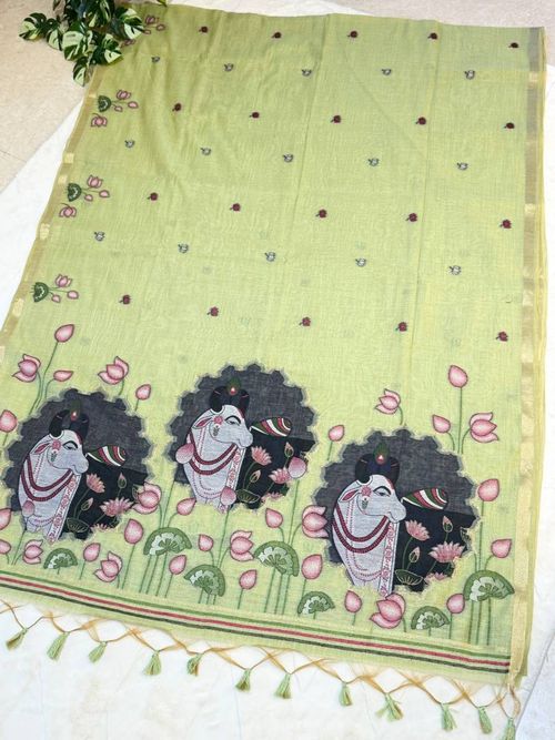 Pista Kamdhenu Pichwai Jamdani Saree