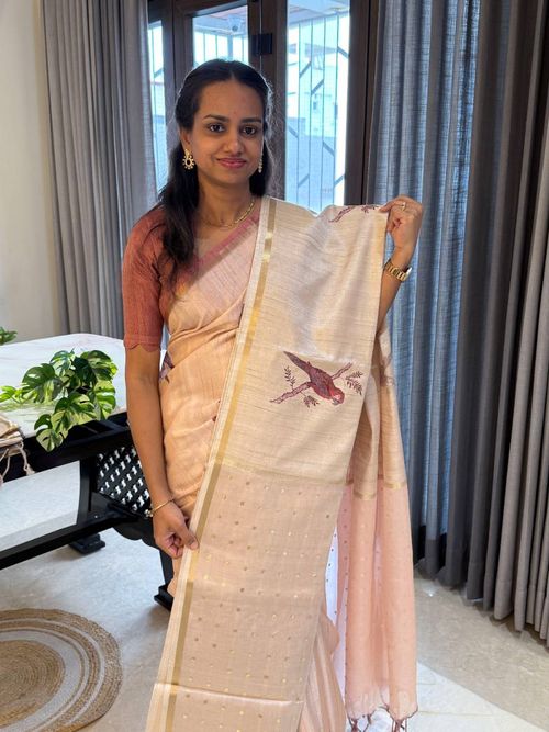 Blush Pink Maroon Bird Semi Tussar Silk Saree