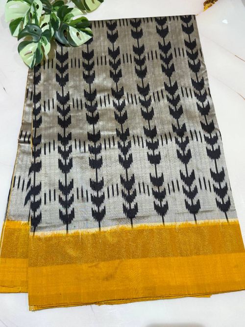 Grey with Mustard Classic Ikat Silk Saree