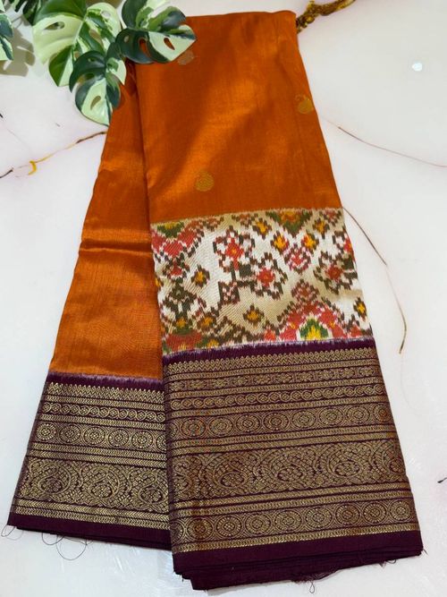 Orange Banarasi ikat Fusion Silk Saree