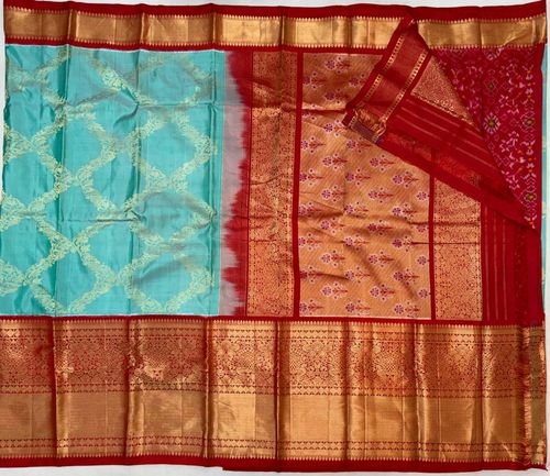 Aqua Zari Lattice Hand Turning Zari Ikat Kanchi Fusion Saree