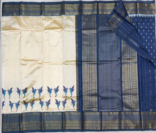 Ivory Neel Patra Ikat Kanchi Fusion Saree