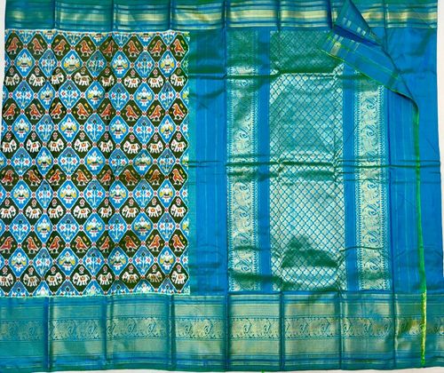 Turquoise Gaja Diamond Ikat Kanchi Fusion Saree