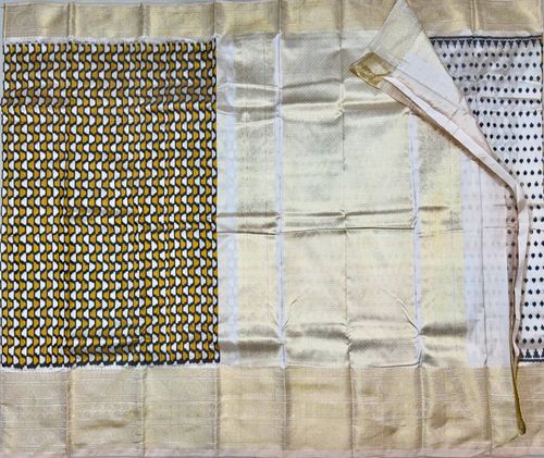 Ivory Herringbone Ikat Banaras Fusion Saree