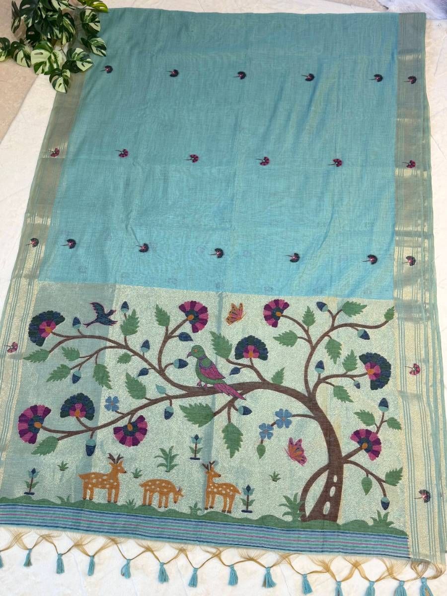 Aqua Forest Muniya Jamdani Cotton Paithani Fusion Saree