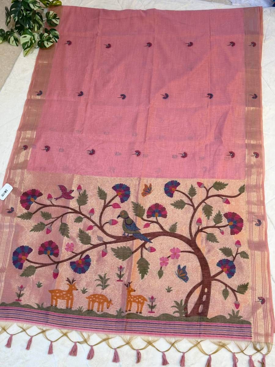 Blush Pink Forest Muniya Jamdani Cotton Paithani Fusion Saree