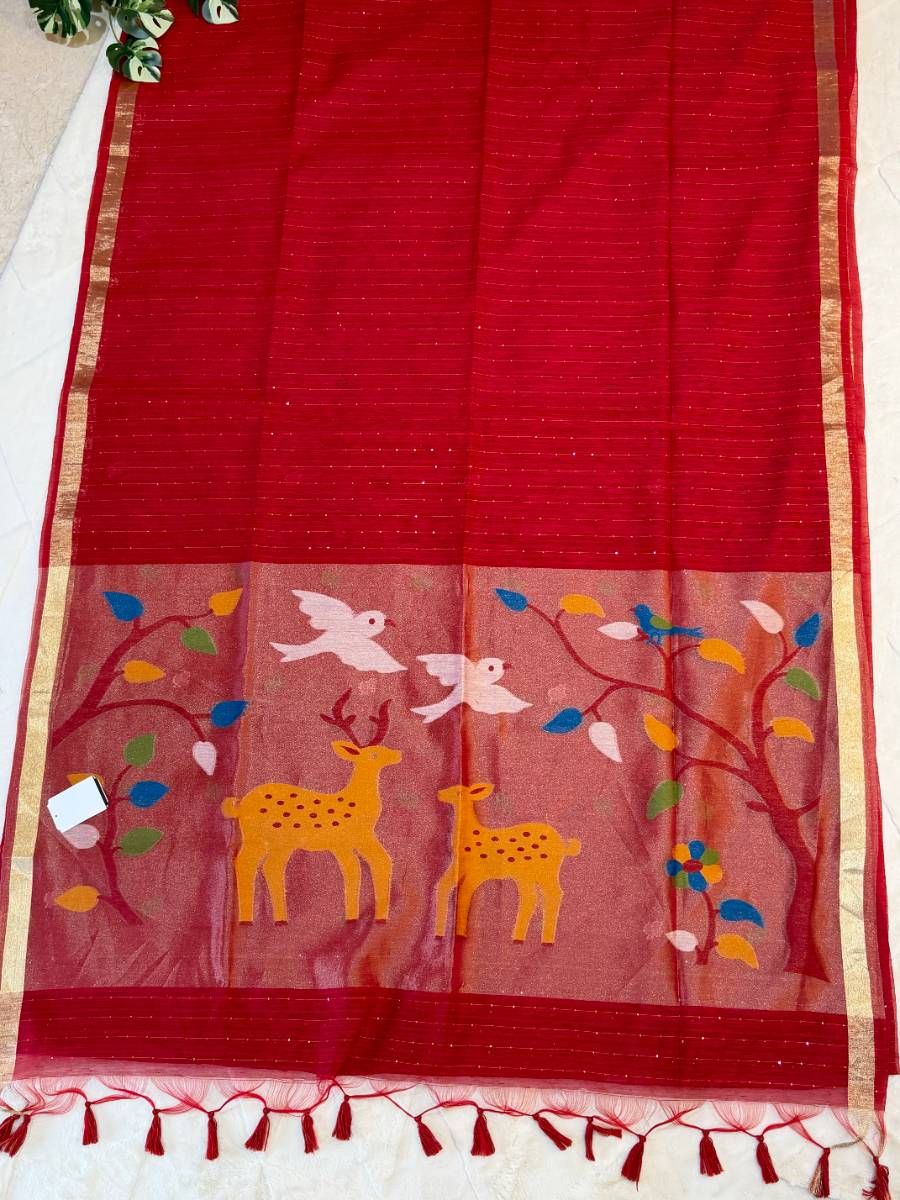 Scarlet Red Deer Kora Jamdani Saree