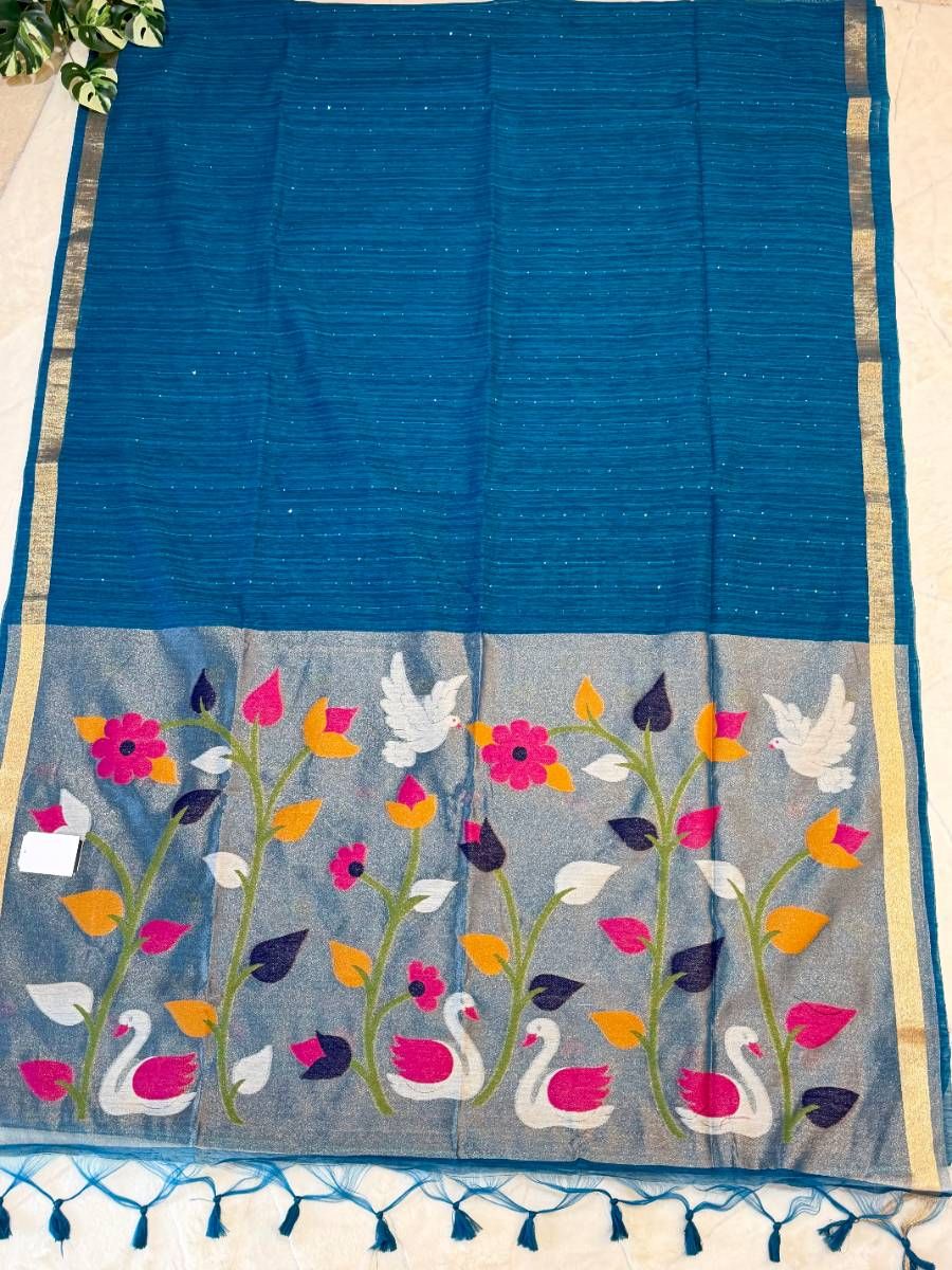 Teal Swan Garden Kora Jamdani Saree