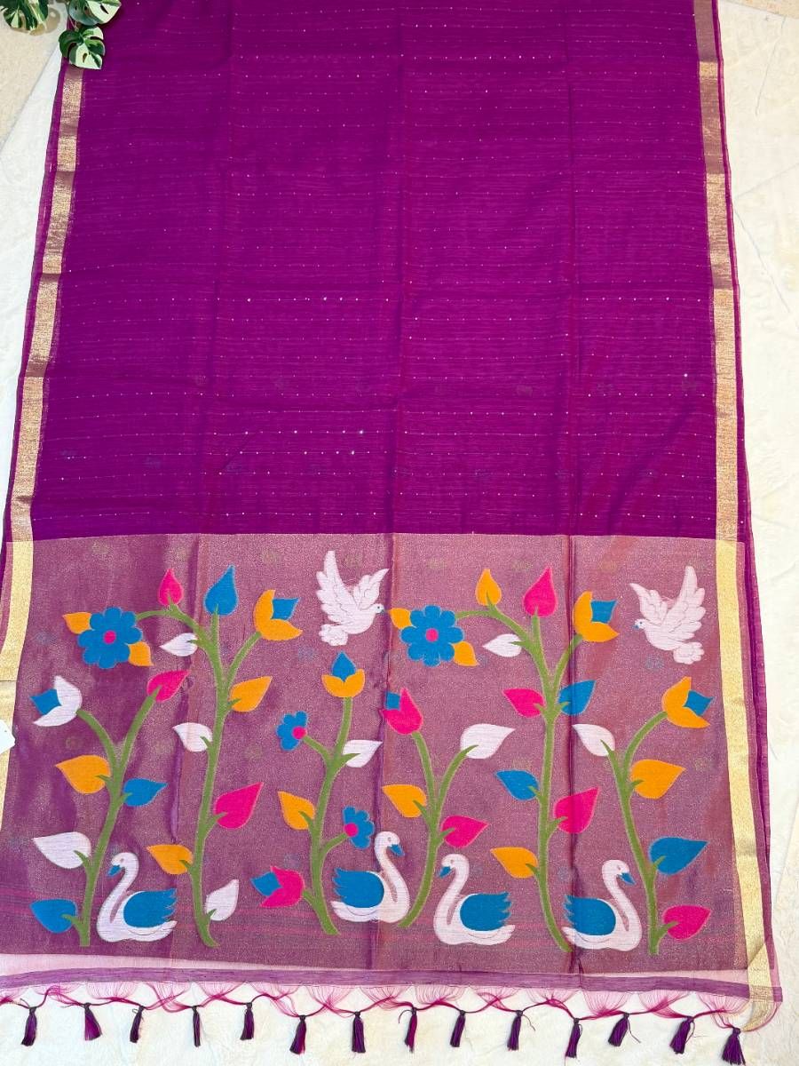 Orchid Purple Swan Garden Kora Jamdani Saree