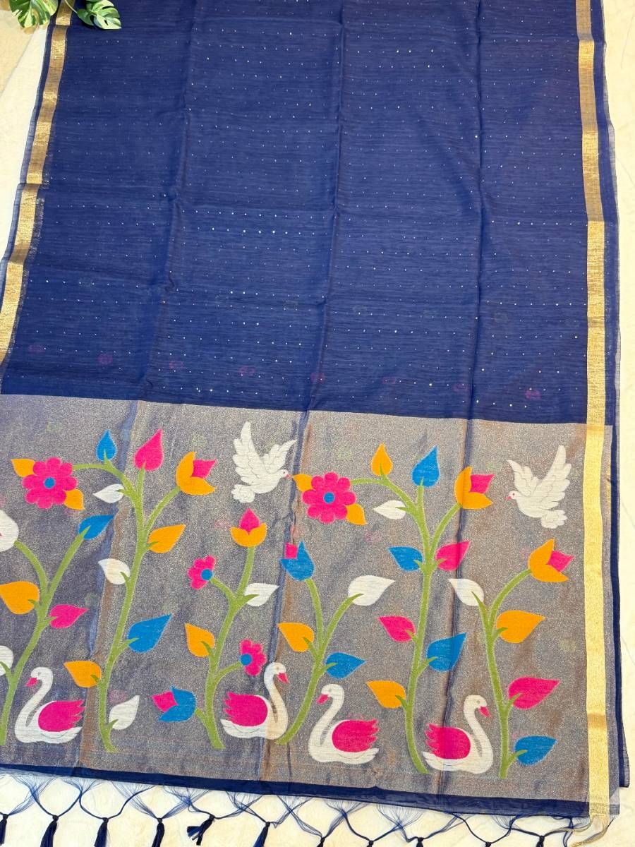 Navy Swan Garden Kora Jamdani Saree