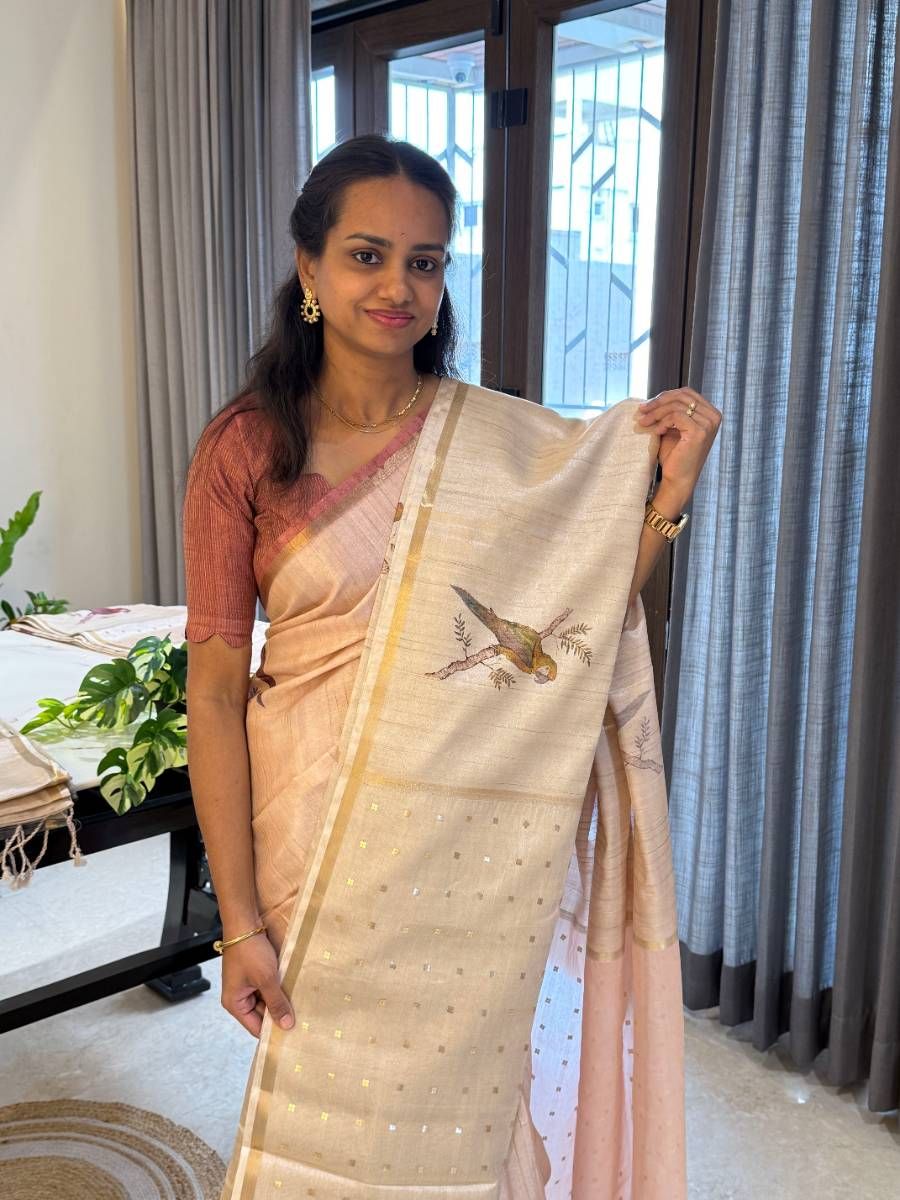 Soft Beige Parrot Motif Semi Tussar Silk Saree