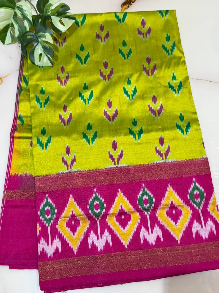 Neon Yellow Pink Silk Saree