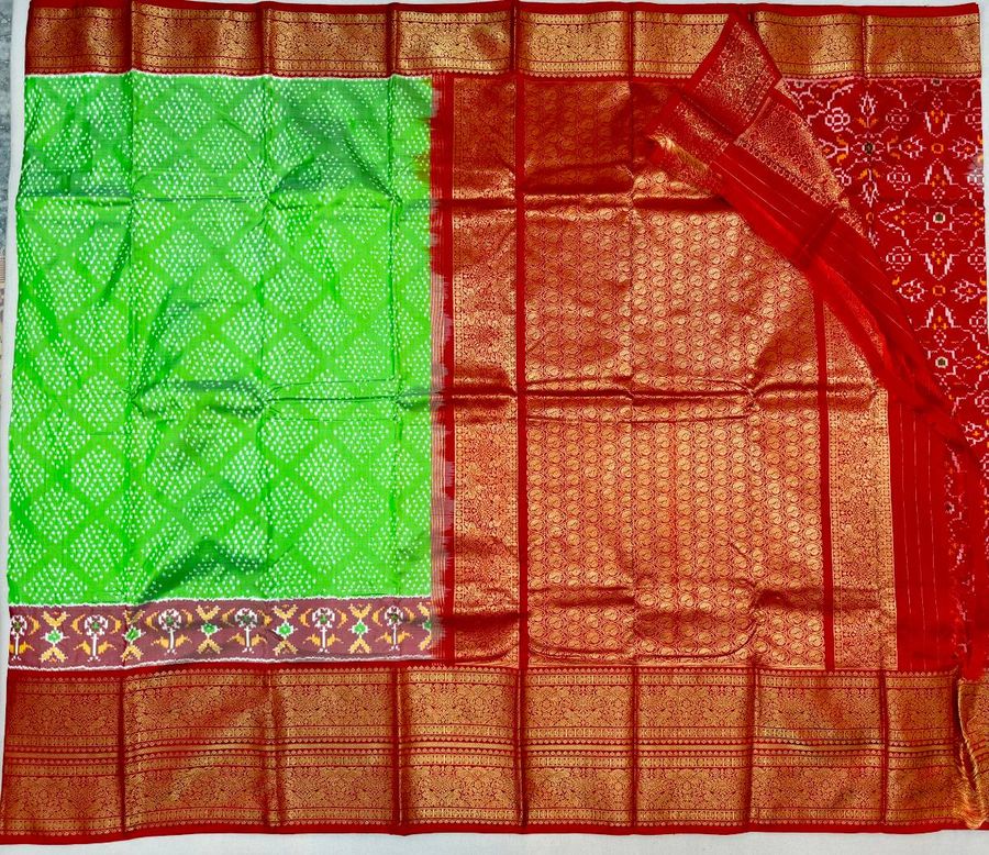 Parrot Green Rajam Ikat Kanchi Fusion Saree
