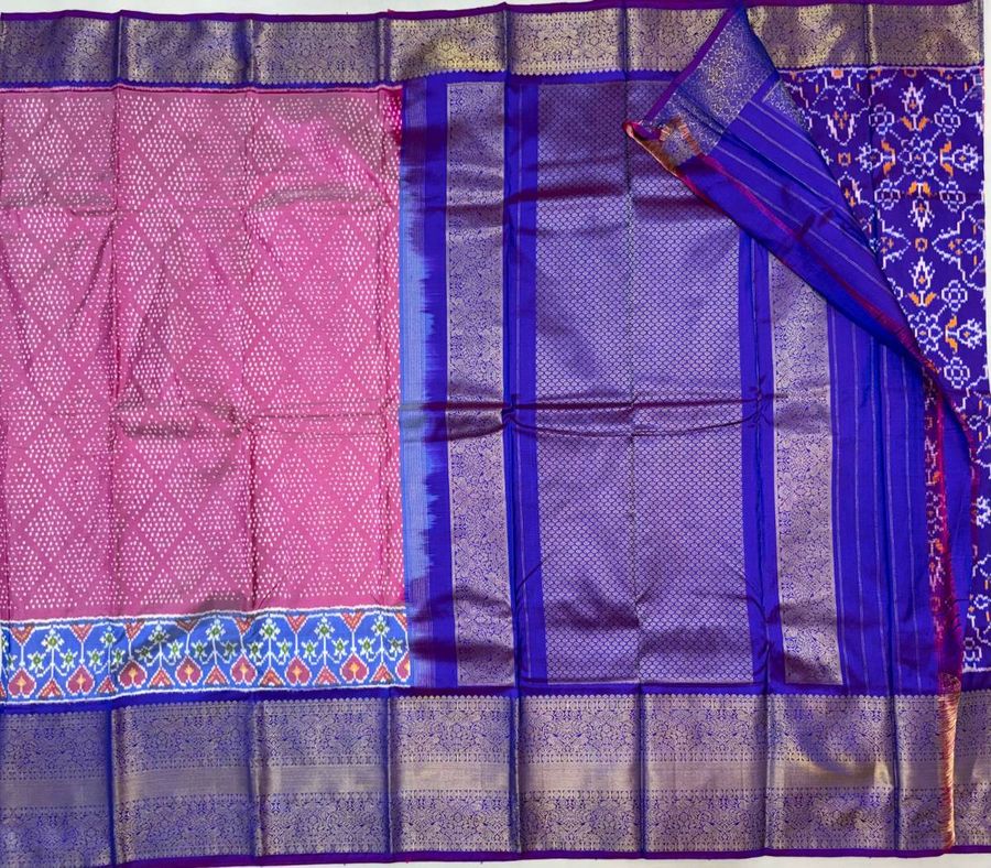 Rani Blue Bandhani Ikat Kanchi Fusion Saree