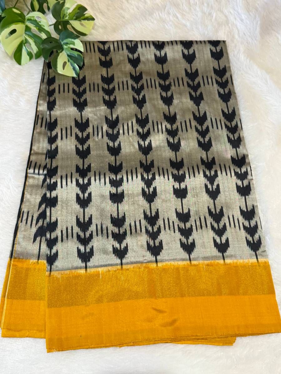 Mustard Grey Leaf Ikkat Silk Saree