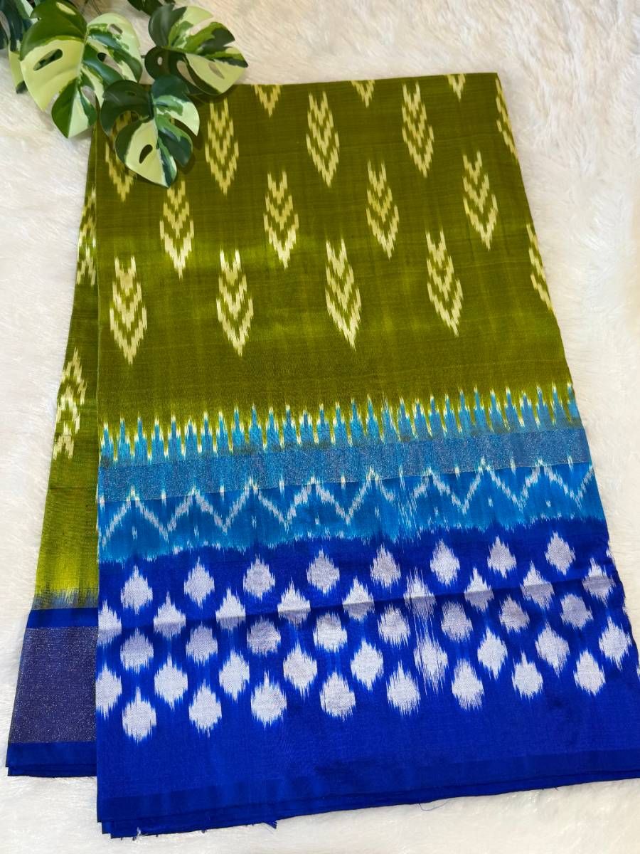 Olive Blue Leaf Ikkat Silk Saree
