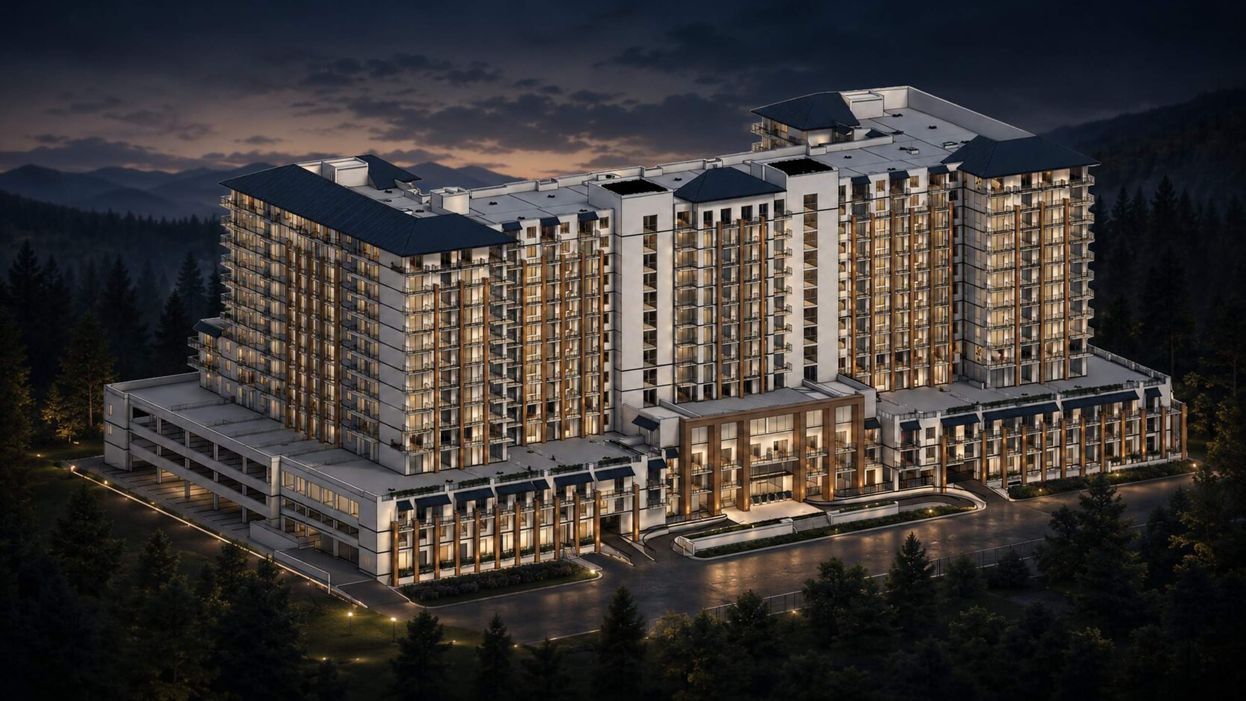 Twilight architectural rendering of a multi-tower residential development