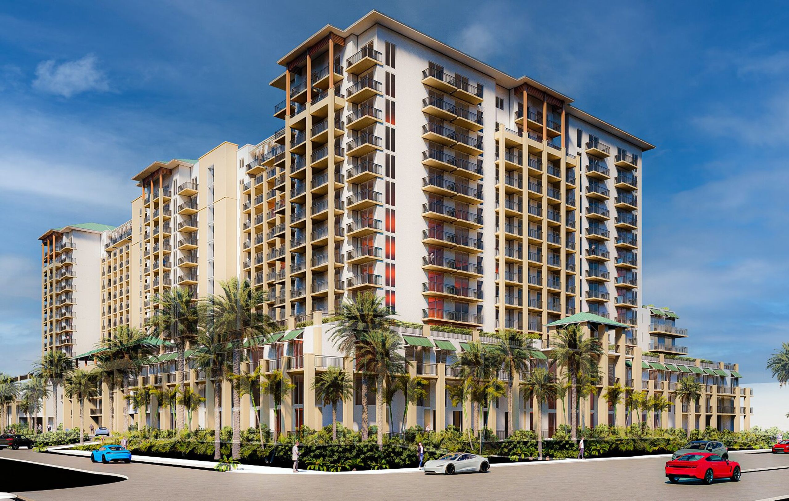 Photorealistic rendering of a coastal mixed-use tower in South Florida