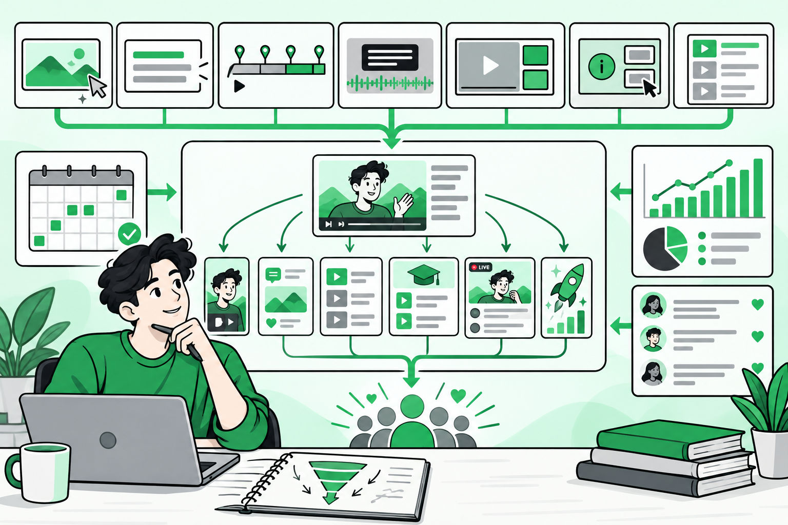 YouTube content strategy workflow for Shorts long form videos playlists courses and community posts