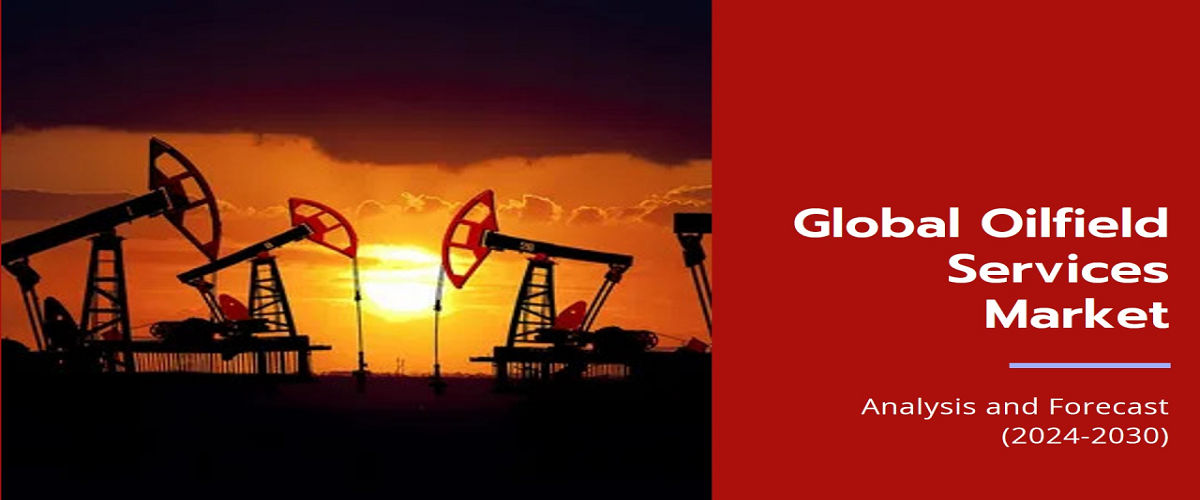 Global oilfield services market text given next to pump jacks on a light red background.