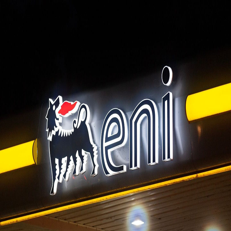 Eni logo on an Eni gas station.