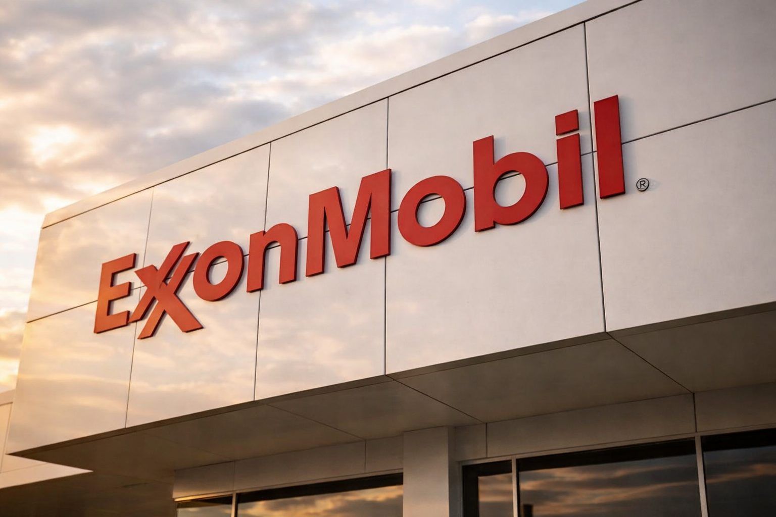 ExxonMobil logo on the wall of a building.