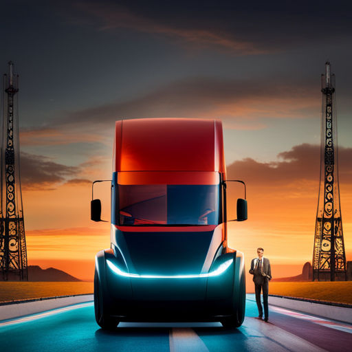 Tesla Semi-Truck Driving past oil fields and oil drills, mountains and sun setting in the background