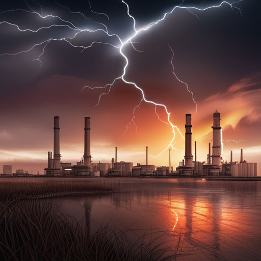 2023 Business Trends report, showing a cyberpunk oil refinery, oil semitruck, and oil field, being struck by lightning