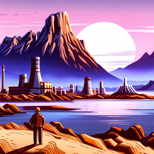 Token Engineer Definition, showing an industrial power plant with mountains in the background, and an engineer in the foreground beside a lake