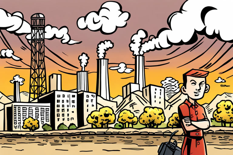 In the foreground a nuclear powerplant, and in the background mountains and a city, comic book style picture
