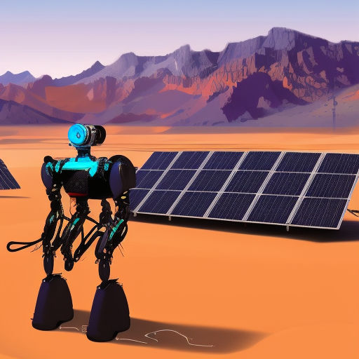 A robot in the foreground, tending to a solar field in the desert, mountains in the background