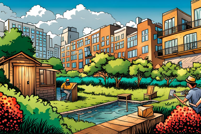 A comic book style picture of an urban garden