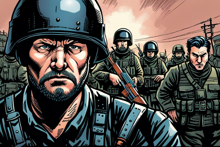 Comic book-style picture of Ukrainian soldiers, the Ukraine and Russian conflict