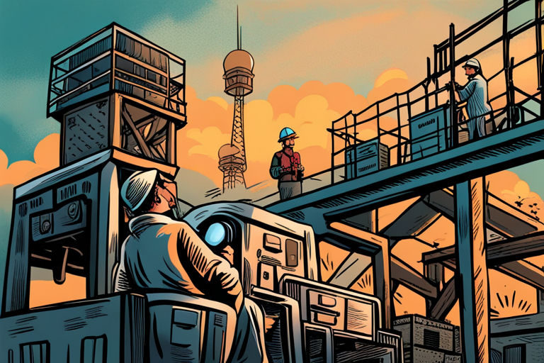 In a future world, a woker in the foreground observing a cellphone tower, in the background is a nuclear power plant