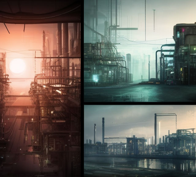 Three images showing a future vision of an industrial factory, and world with vibrant colors