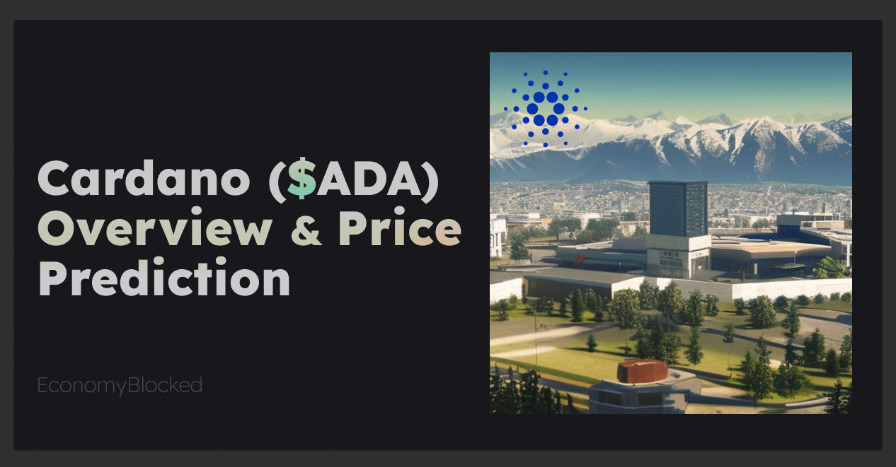 Cardano Overview and price prediction hero image, showing the Colorado mtns and a college
